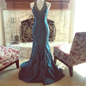 Dark Green fit & flare, beaded halter prom Sz 2